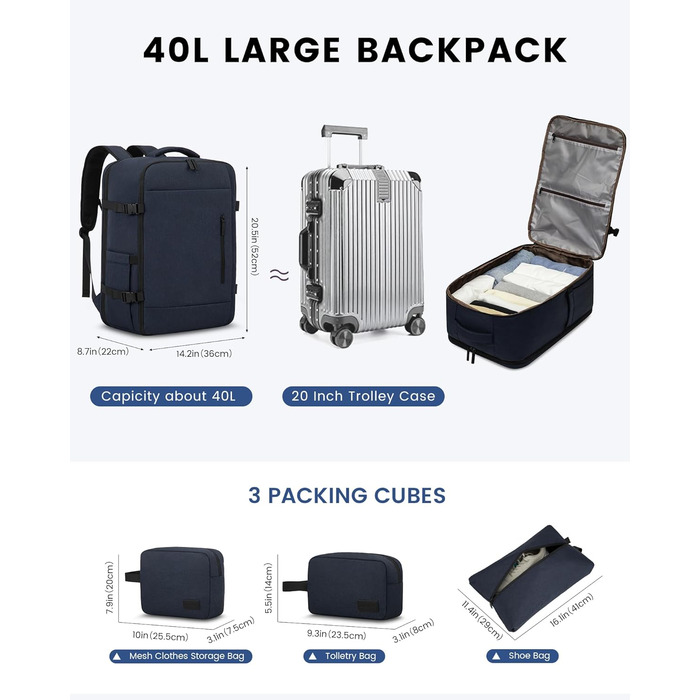 LOVEVOOK Рюкзак-валіза для ручної поклажі, 40L, для ноутбука 17,3