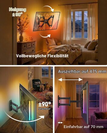 Кронштейн для ТБ Perlegear PGTVM79B поворотний та нахильний з LED-підсвіткою та синхронізацією з музикою, для телевізорів 25-65 дюймів (до 45 кг), VESA 400x400мм