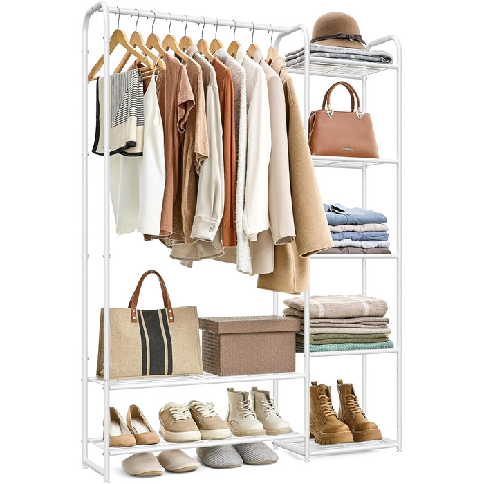 SONGMICS Взуттєва шафа, відкритий гардероб, вішалка для одягу, металева шафа для взуття з полицями, самостійна, 29 x 112 x 158,4 см, матовий білий LGR462W01 112B cm Mattweiß
