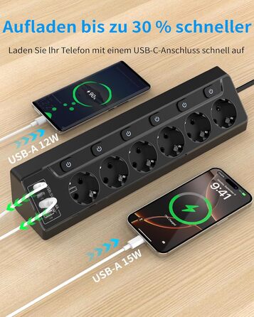 Мережевий фільтр з USB-C, 6 розеток, кабель 2м (4000W, 16A), розподільний блок для кухні/офісу, чорний