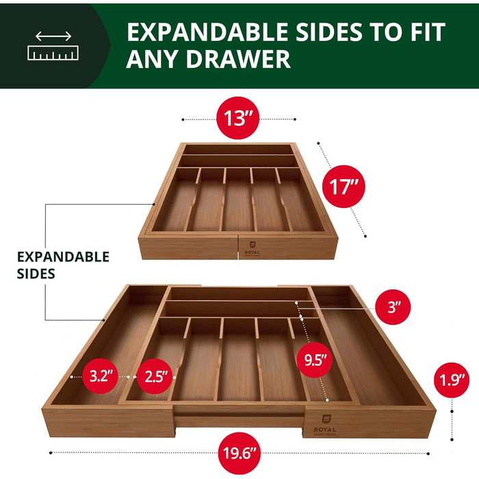 Органайзер для столових приборів ROYAL CRAFT WOOD з бамбука, 9 відділень, коричневий