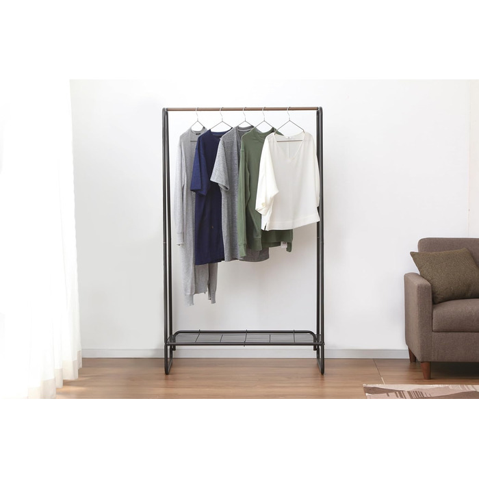 Iris Ohyama Stylish Clothes Rack, Ladder Design, Includes Hooks, Robust Frame, Non-Slip, For Bedroom, Studio, Closet, Space-Saving, Laundry Rack, Easy Assembly, PI-O150 (Black, Large / 1 Grid Shelf)