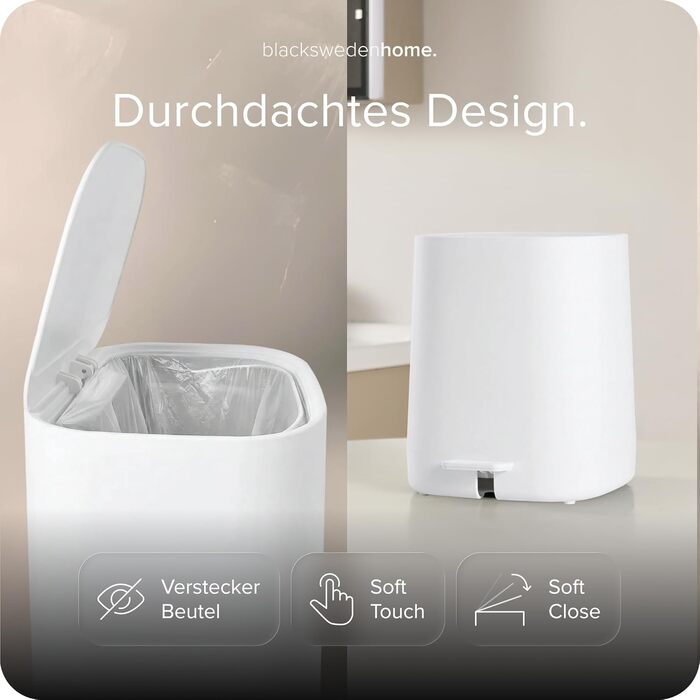 Смітник для ванної кімнати blackswedenhome на 5л з м'яким закриттям (Softclose) та внутрішнім відром, білий
