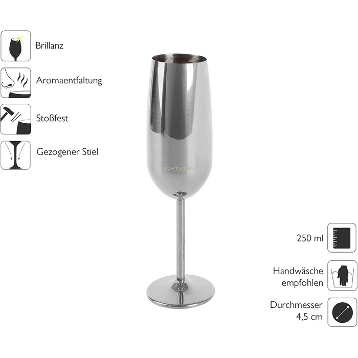 Склянки для шампанського та ігристих вин Echtwerk: нерозбивні, з нержавіючої сталі, 2 шт., 250 мл, срібна серія (набір)