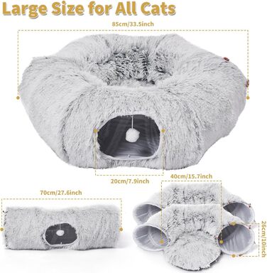 Odoland Cat Tunnel - Large Cats, Foldable Cat Tunnel with Play Ball Cat Bed, Multifunctional Crinkle Tunnel Cat Cave Interactive Toy for Indoor Kittens