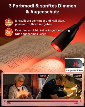 Світлодіодна лампа для читання з кліпсою 670 нм, з функцією пам'яті, димуванням та USB-зарядкою. Безсиній, портативний світильник для читання в ліжку, нашийний ліхтар