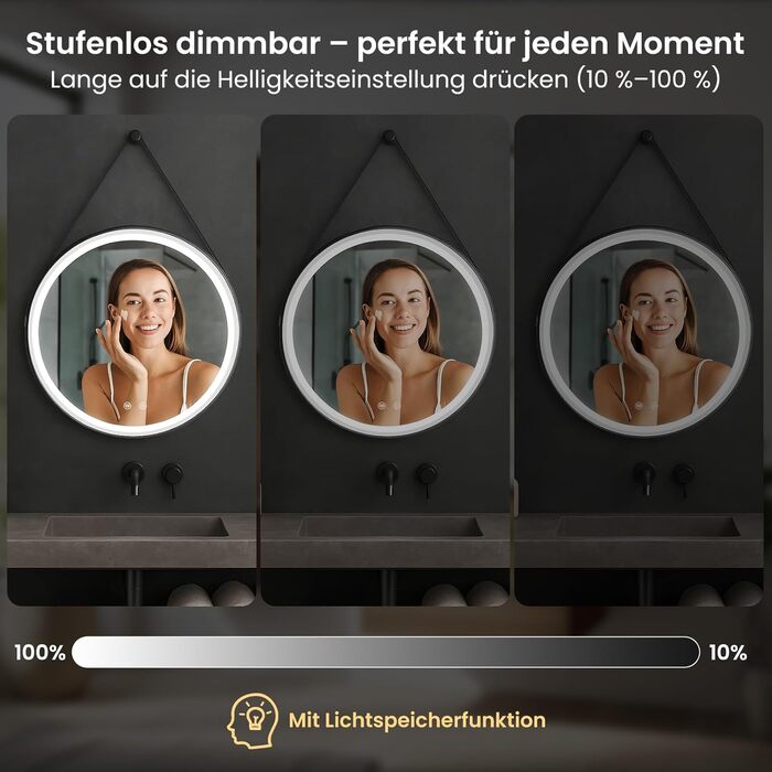 LED дзеркало для ванної кімнати з підсвічуванням, кругле, регульоване, 3 кольори світла (3500K-6500K), сенсорне керування, запобігання запотіванню, для макіяжу та гоління (діаметр 50 см)