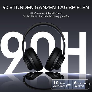 DOQAUS Bluetooth навушники Over-Ear, 90 годин роботи, Bluetooth 5.3, бездротові навушники з мікрофоном, HiFi стерео звук, глибокий бас, для телефону, подорожей, чорний