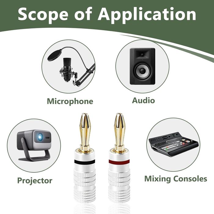 8 шт. бананові конектори 24K позолота для акустичних кабелів, Hi-Fi аудіо, домашній кінотеатр, 4 червоні, 4 чорні, сумісні з кабелями 0.75 мм - 4 мм