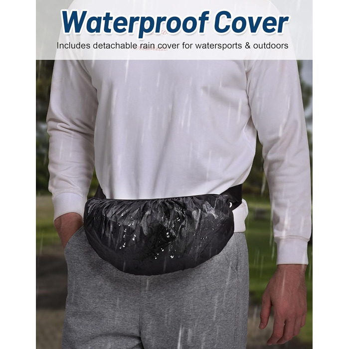 Поясна сумка для жінок та чоловіків, чорна, водонепроникна, 4L, для бігу, спорту, подорожей, активного відпочинку, фітнесу, з дощовиком