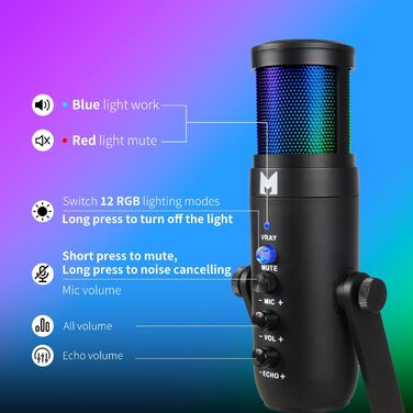 USB мікрофон для ПК, геймінгу, стрімінгу, подкастів та запису голосу. RGB-підсвітка, сумісний з телефоном, ПК, PS4, PS5 та Mac