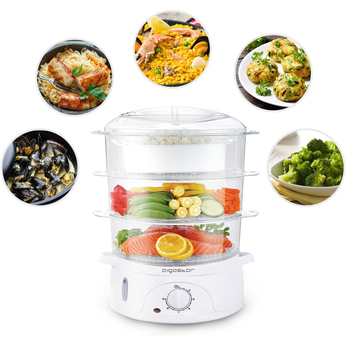 Пароварка Aigostar Fitfoodie 30CFO, 9 л, 800 Вт, 3 яруси, BPA Free, з таймером