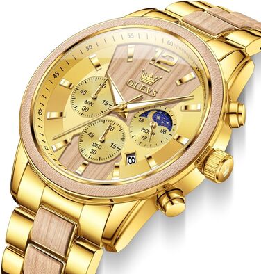 Чоловічий годинник OLEVS з дерев'яним ремінцем, кварцовий механізм, хронограф, нержавіюча сталь, водонепроникний, світні стрілки, подарункова коробка (3645-gold)