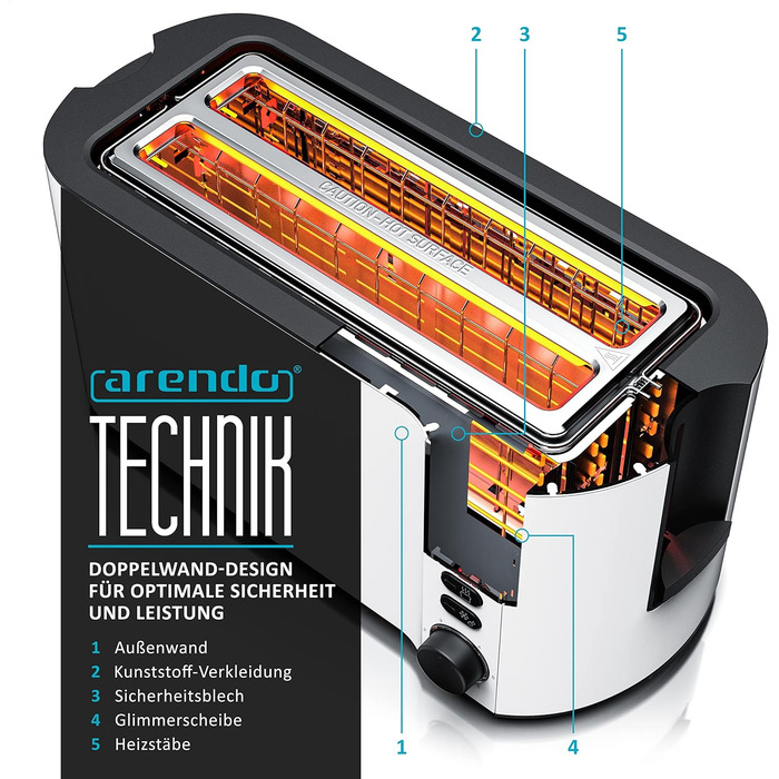 Тостер Arendo з нержавіючої сталі з 4 широкими слотами, подвійними стінками, інтегрованим тримачем для булочок, ступенями підсмажування 1-6, центровкою хліба, автоматичним вимкненням та дисплеєм з індикатором часу. Колір: білий