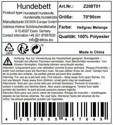 Крісло-ліжко для собак Raikou: зручне та захисне, 90x90 см, сірий меланж