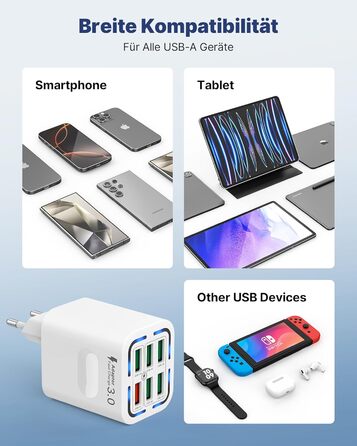 Зарядний пристрій USB 6-портовий, 33W, адаптер з QC 3.0, багатопортовий зарядний пристрій, мережевий адаптер для iPhone 16 15 14 13 12 11 Pro Max, iPad, мобільний телефон, білий