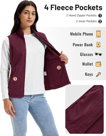 TACVASEN жіноча флісова жилетка для активного відпочинку, без рукавів, тепла жилетка з кишенями на блискавці, спортивна жилетка для жінок, колір: бордовий