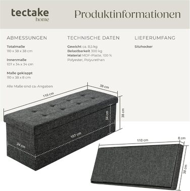 Складаний пуф-сидіння з місцем для зберігання tectake, темно-сірий, 110x38x38 см, банкетка-скриня для передпокою, кімнати, декор, комод для зберігання, взуттєва лавка