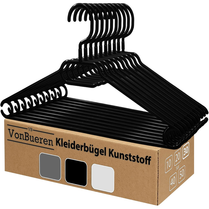 Плечики для одягу VonBueren з поворотним гачком, 100% перероблений пластик, виготовлені в ЄС (30 шт., чорний)
