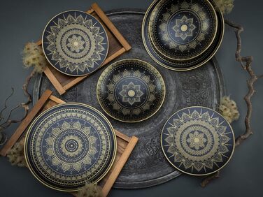 CreaTable MANDALA GOLD: 16-частинний набір посуду з каменю, чорний/золотий, для посудомийної машини та мікрохвильової печі