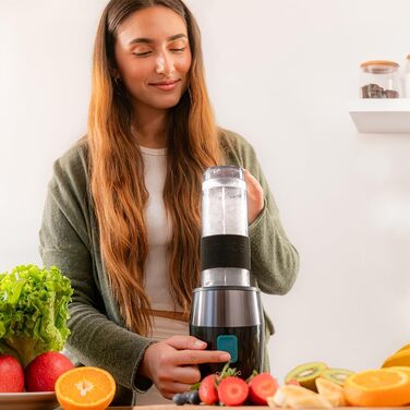 Cecotec Portable Single Blender Power Titanium 300 EasyGo - 350W Ice Crusher with Titanium-Coated Blades, 2 Cooling Tubes, 2 Travel Cups & Lids