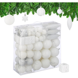 Набір прикрас для ялинки Relaxdays 110 шт. (пластик) - кулі, мішура та інше. Новорічний декор для ялинки, білий