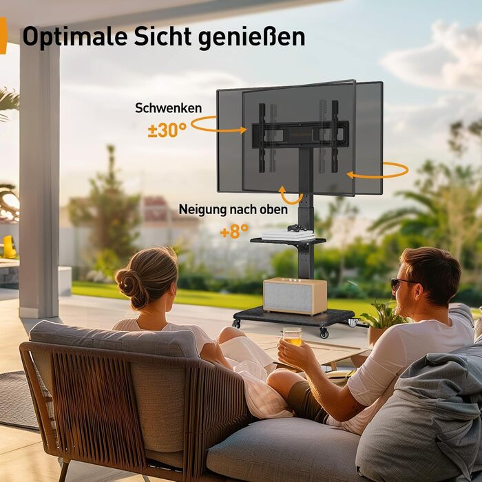 Підставка для телевізора Perlegear на колесах, 32-75 дюймів, до 50 кг, регульована висота, поворотна, нахилена, з підсвічуванням, VESA 600x400mm, PGTVMC27