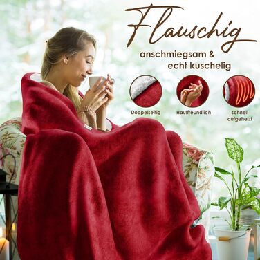 Електрична ковдра KESSER® з автовимкненням 200x180 см двостороння | Ковдра для ліжка, дивана | 9 температурних режимів | Пральна до 40°C | з таймером, цифровим дисплеєм, Бордовий колір