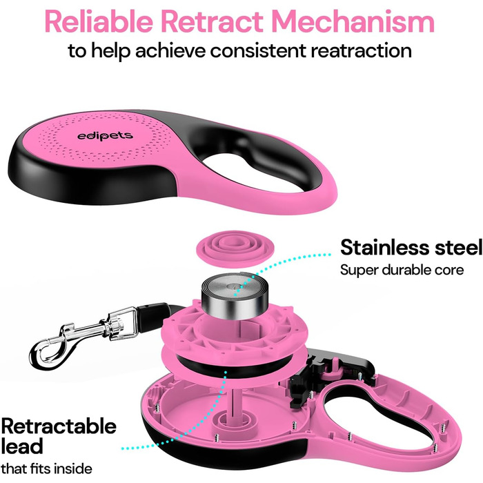 Hundeleine Edipets висувна та втягувана, 5 м, рожева, для собак малих, середніх та великих порід