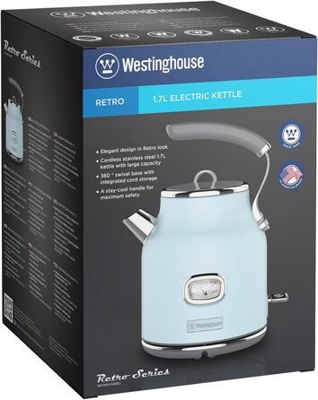Електричний чайник Westinghouse Retro з регулюванням температури, індикатором рівня води, фільтром від накипу та захистом від перегріву, 1.7 л, блакитний
