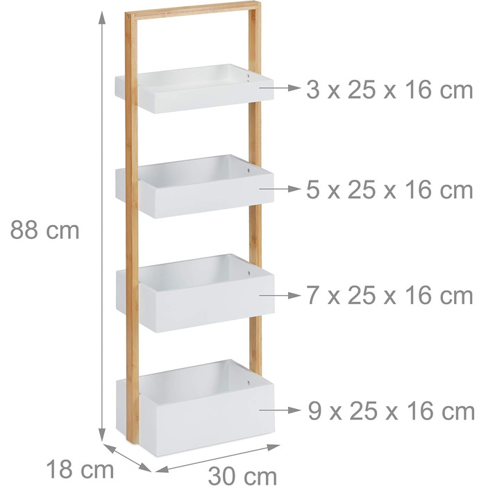 Relaxdays 10031461 Badregal, 4 Shelves, Bamboo & MDF, Bathroom Storage, Slim Shelf HWD 88x30x18 cm, White/Natural