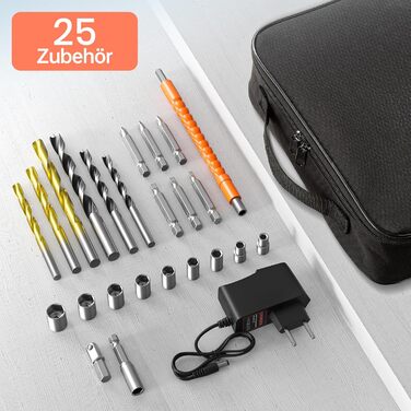 Акумуляторний шуруповерт 12V з набором 2000mAh, 24 шт. аксесуарів та кейсом, 25Nm, 2 швидкості, 25+1 момент, патрон 10мм, LED-підсвічування, Klein Orange