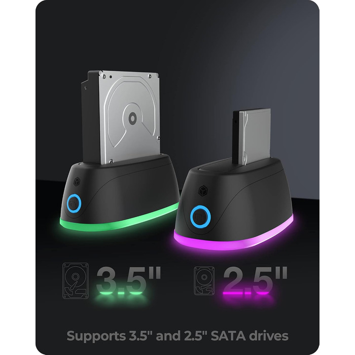 Док-станція ICY BOX для HDD/SSD USB 3.0 з RGB підсвічуванням, підтримка 2.5/3.5