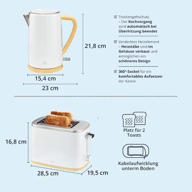 Набір чайник та тостер KHG | 2200W та 800W | 1.7л чайник, 2 тости | З фільтром від накипу та підсвічуванням крихт | Кухонний набір білий з імітацією дерева