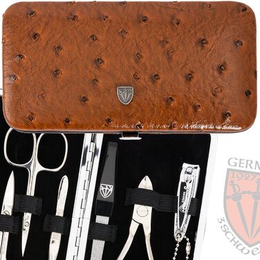 Набір для манікюру DREI SCHWERTER 'Sanremo' - Німецька якість | Преміум-набір для манікюру в чорному еко-шкіряному етиуі | Вміст: ножиці для нігтів, ножиці для кутикули, щипчики для нігтів, пінцет, напільничок з сапфіру та інше! (Імітація букета - Когняк)