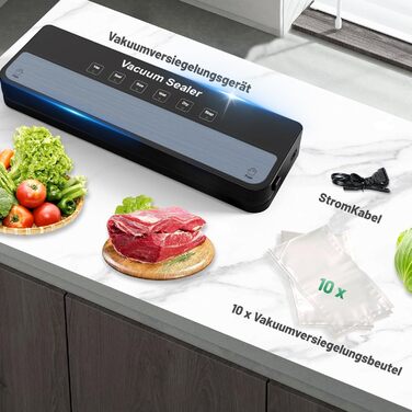 Вакуумний пакувальник Raycial: комплект з пакетами, для сухих та вологих продуктів, герметизатор харчових продуктів, компактний, автоматичний, чорний