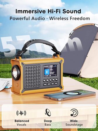 ROCAM Радіоприймач на ручку DAB+/UKW, портативне аварійне радіо з сонячною панеллю 8500 мм² та ручкою 650mA, цифрове радіо з Bluetooth, 2.4' кольоровий дисплей, 80 станцій, SOS, LED ліхтарик, USB, IPX6 для кемпінгу (Жовтий)