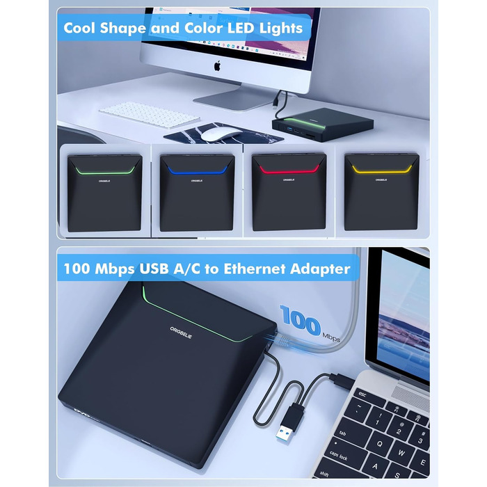 Зовнішній DVD-накопичувач ORIGBELIE з RJ45 Ethernet-адаптером та USB 3.0 хабом (3 USB, 2 TF/SD), зовнішній CD-записувач для ноутбука, MacBook, PC Windows, Linux, Mac OS, з сумкою для перенесення