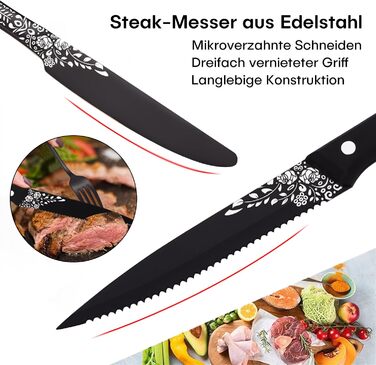 Black Cutlery Set for 6 People, HONKKU 36-Piece Stainless Steel Cutlery Set with Steak Knives, Eating Utensil Set Mirror Polished with Floral Patterns, Fork Spoon Knife Set Dishwasher Safe