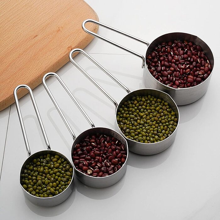 8-Piece Measuring Cup and Spoon Set, 4 Measuring Cups with Handles and 4 Coffee Measuring Spoons, Stainless Steel, Non-toxic, Rust-proof, Well-made, Professional Kitchen Measuring Set, Silver