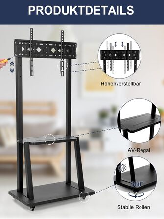 Підставка для телевізора на колесах, мобільний телевізійний візок для 32-75 дюймів LED/LCD/OLED, регульована по висоті, чорна, з полицями для ноутбука та DVD