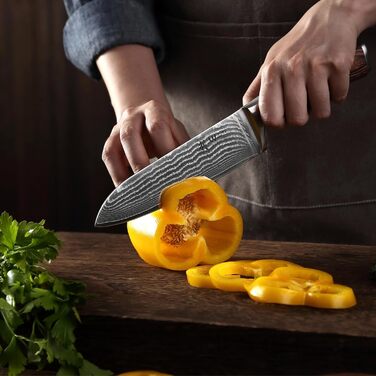 Ніж Santoku Wakoli EDIB Damast I 17 см, лезо з 67 шарів з VG10-сталі, з ручкою з паккавуду. Професійний кухонний ніж з дамаської сталі в подарунковій коробці, без гравіювання.