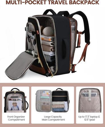 LOVEVOOK Рюкзак для ручної поклажі, 40L, водонепроникний, для подорожей, з відділенням для взуття, для ноутбука (17.3 дюймів), чорний+сірий+коричневий