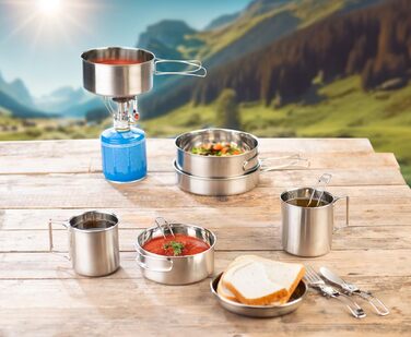 Набір для кемпінгу Semptec Urban Survival Technology: 12-ти частинний набір посуду з нержавіючої сталі з посудом, столовими приборами та сумкою (каструлі, набір посуду, газовий набір для кемпінгу)
