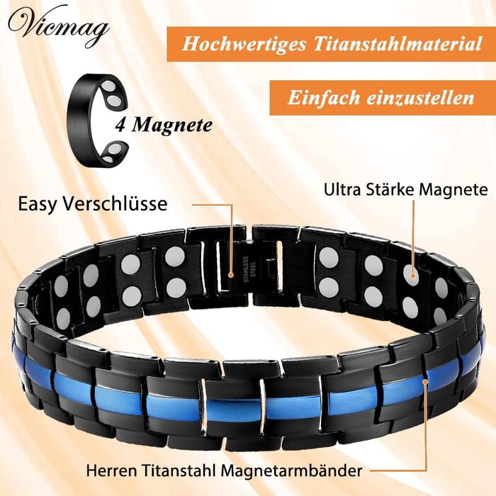 Браслет магнітний чоловічий Vicmag з титанової сталі, подвійний ряд, надміцна магнітна застібка, інструмент для регулювання та подарункова коробка (синє оздоблення)