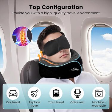 Подушка для шиї у літак з Memory Foam, 360° підтримка, з чохлом, маскою для очей та берушами, регульована подушка для подорожей (Чорний)