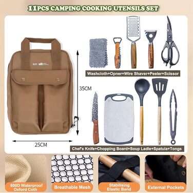 Набір кухонного приладдя для кемпінгу Sadodo: 11 предметів, з органайзером та сумкою, силікон та нержавіюча сталь