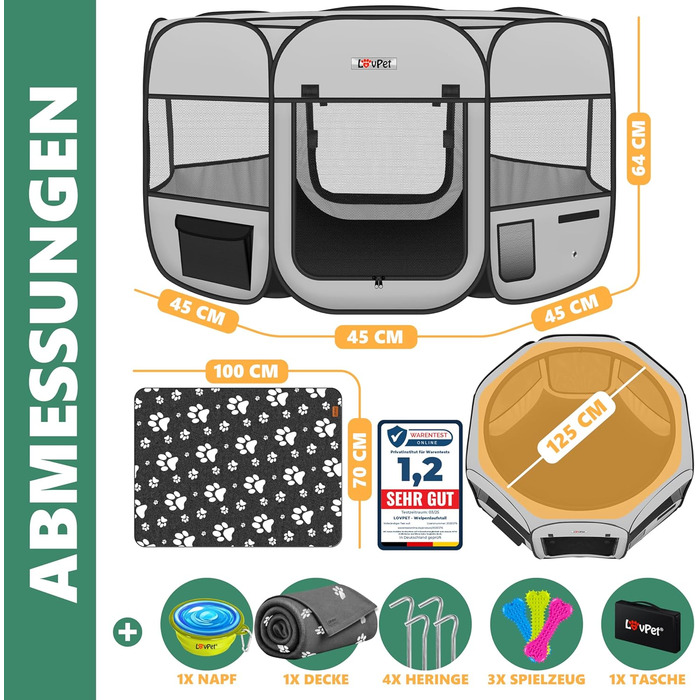 LOVPET® Pop-Up Dog Playpen with Bowl & Fleece Blanket - Portable Indoor/Outdoor Pet Pen for Small Dogs & Cats - Oxford Fabric