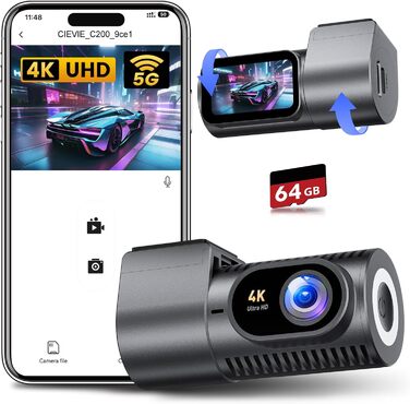 Dashcam CIEVIE C200: 4K, IPS 1.5', WiFi 5G, 64GB, 360° обертання, WDR, Нічне бачення, Паркування 24/7, G-сенсор, Loop, 170°