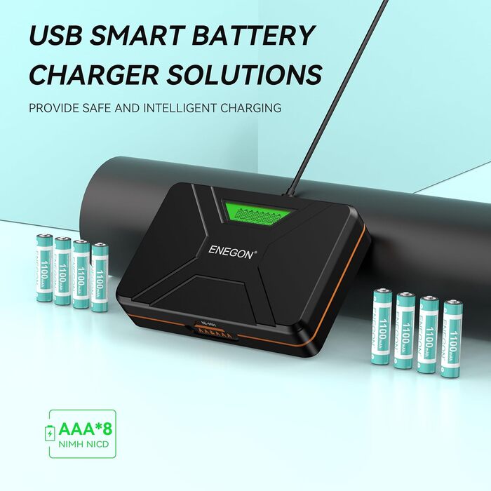 Зарядний пристрій ENEGON 8-Fach LCD для AA/AAA акумуляторів + 8 AAA Ni-MH 1100mAh, USB-C станція для пультів, термометрів та електроніки